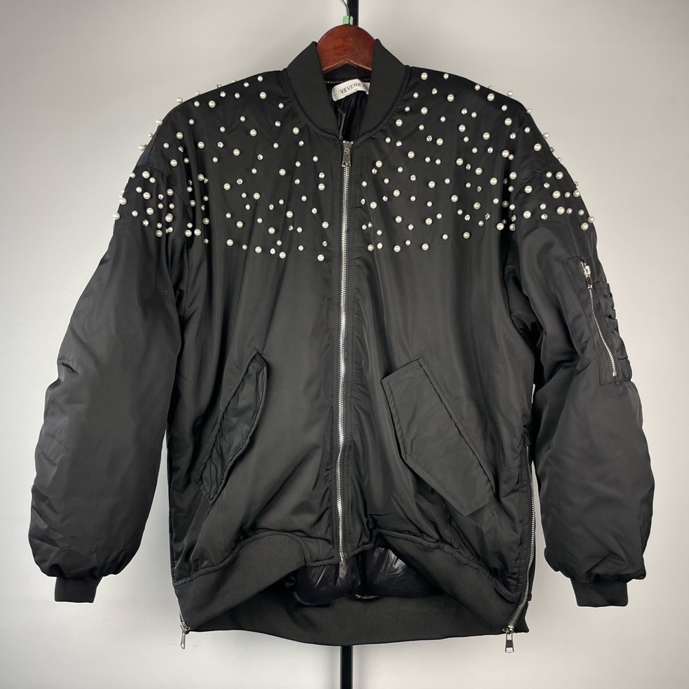 Veveret Black Glam Bomber Full Zip‎ Jacket Pearl Rhinestone Embellishments